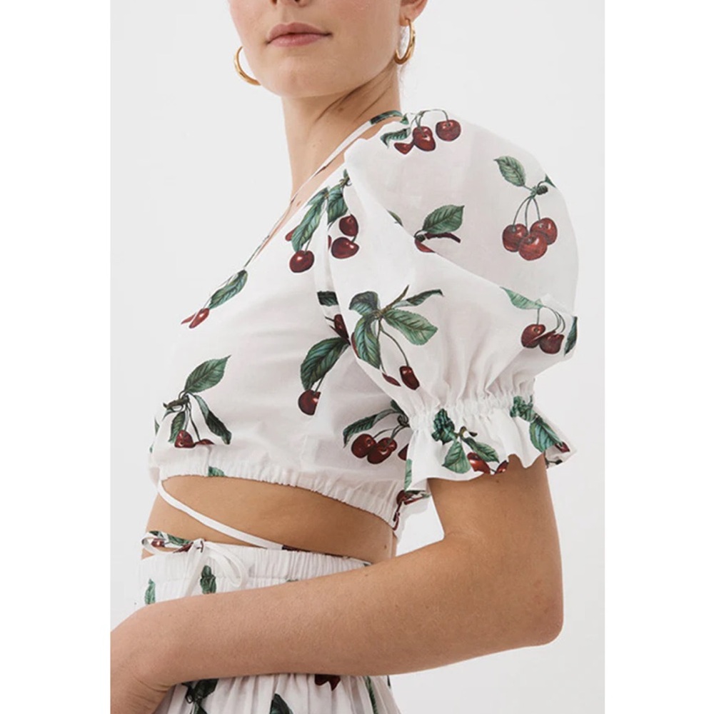 Cherry Print Cotton Puff-Sleeve Crop Top- White/Red EU40 US 4-6 Sm NEW